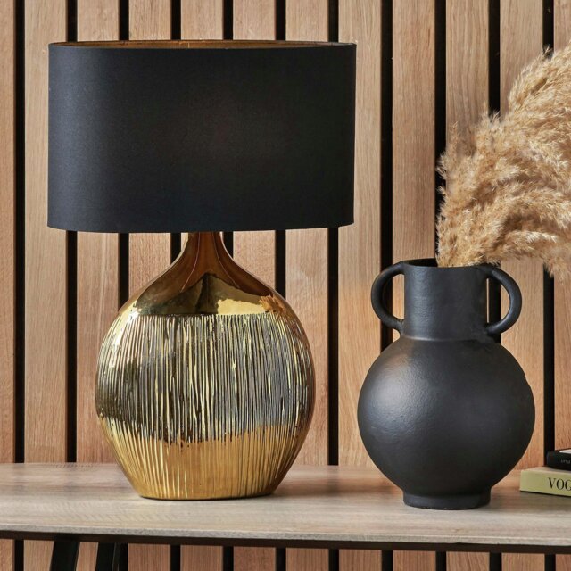 Pacific Gemini Ceramic Gold Etched Table Lamp - Black - image 1