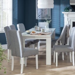 Habitat Miami Extending White Dining Table & 8 Grey Chairs