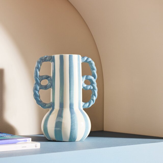 Habitat Stripe Ceramic Blue Vase with Wavy Handles - image 1