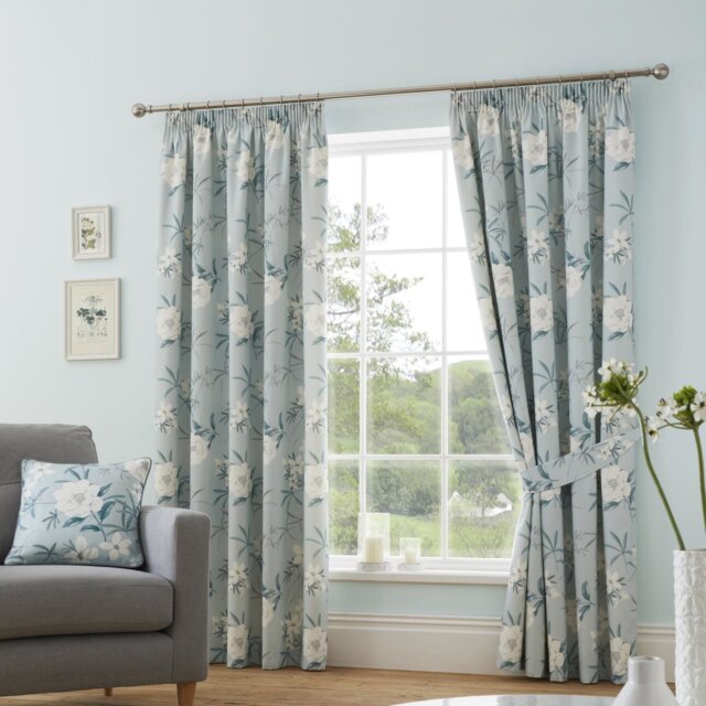D&D Eve Floral Pencil Pleat Curtains - Duck Egg - 168x183cm - image 1