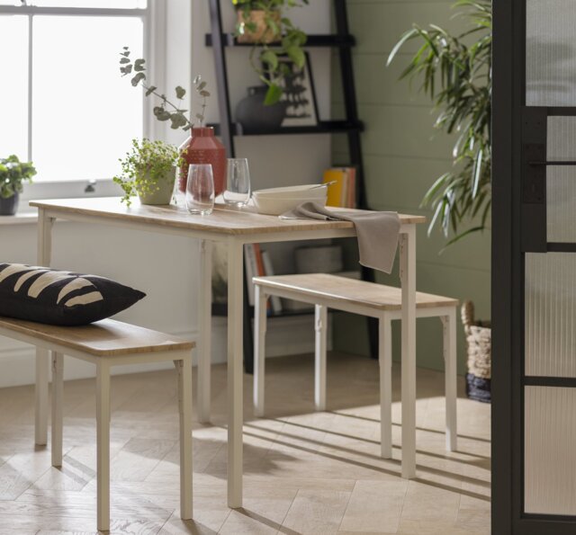Argos Home Bolitzo Oak Dining Table & 2 White Benches - image 1