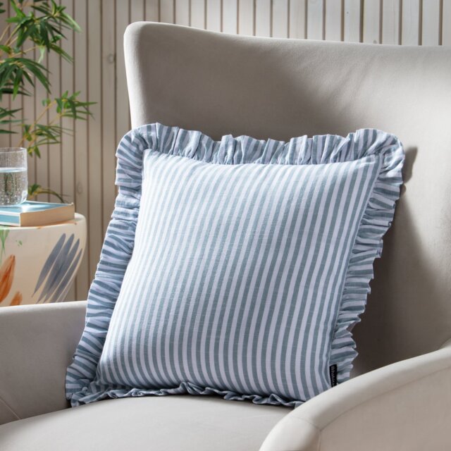 Habitat Blue Stripe Ruffle Cushion - 43x43cm - image 1