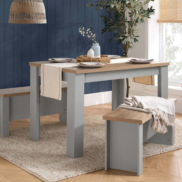 Burwick Dining Table and Bench Set, Light Grey