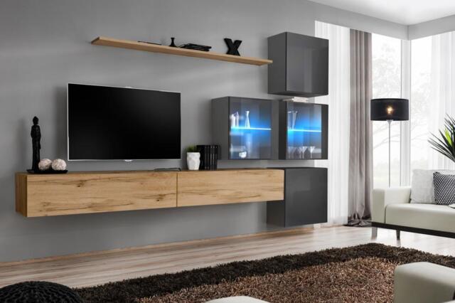 "Switch XIX Entertainment Unit For TVs Up To 75"" - Oak Wotan 280cm Graphite" - image 1