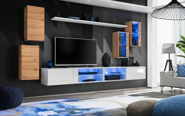 "Switch XXV Wall Entertainment Unit For TVs Up To 75"" - White 280cm Oak Wotan" - image 1