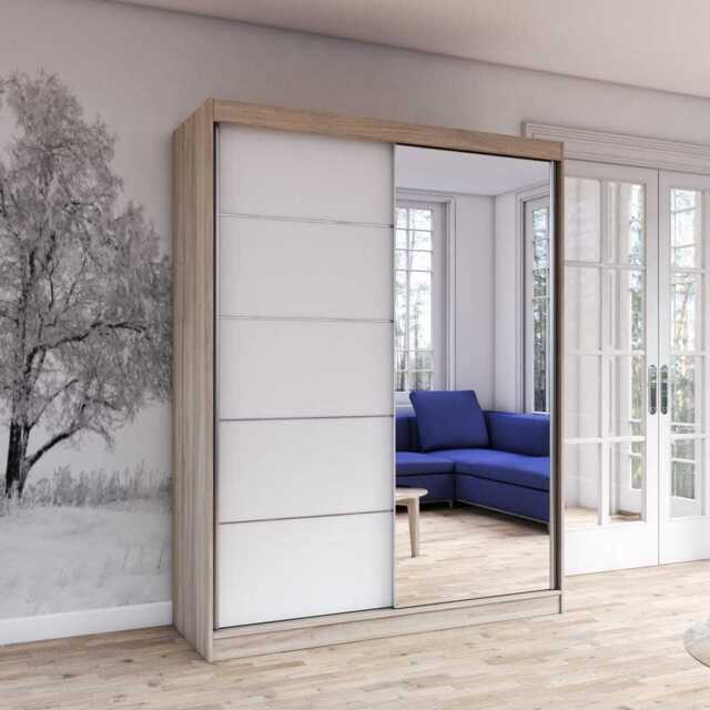 Vista 05 Mirrored Sliding Door Wardrobe 150cm - White Oak Sonoma 150cm - image 1