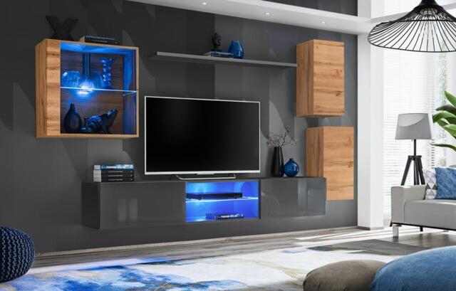 "Switch XXIII Wall Entertainment Unit For TVs Up To 75"" - Graphite 250cm Oak Wotan" - image 1