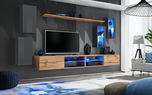 "Switch XXV Wall Entertainment Unit For TVs Up To 75"" - Oak Wotan 280cm Graphite" - image 1
