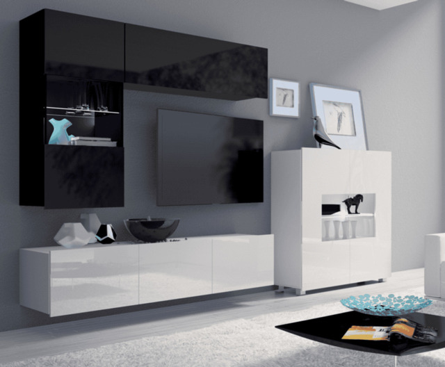 "Calabrini 3 Entertainment Unit For TVs Up To 42"" - Black Gloss and White Gloss 250cm" - image 1
