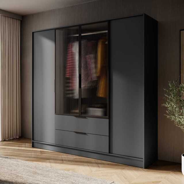 Kelly Hinged Door Wardrobe 206cm [Glass] - Graphite 206cm - image 1