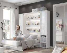 BC-01 Vertical Wall Bed Concept 140cm With Storage Cabinets and LED - White Gloss 140 x 200cm - thumbnail 2