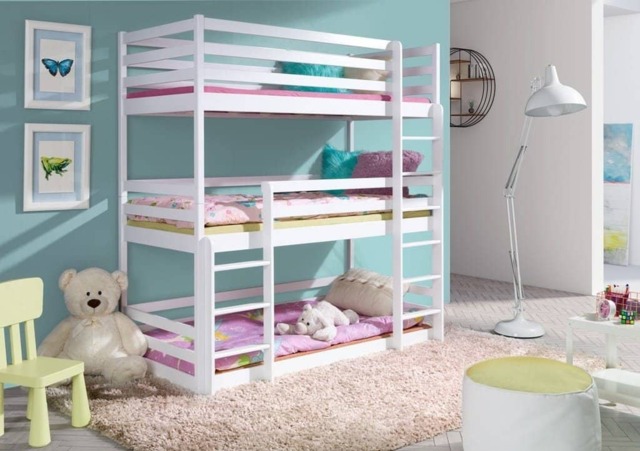 Wooden Triple Bunk Bed Ted - Without Mattresses White Matt - image 1
