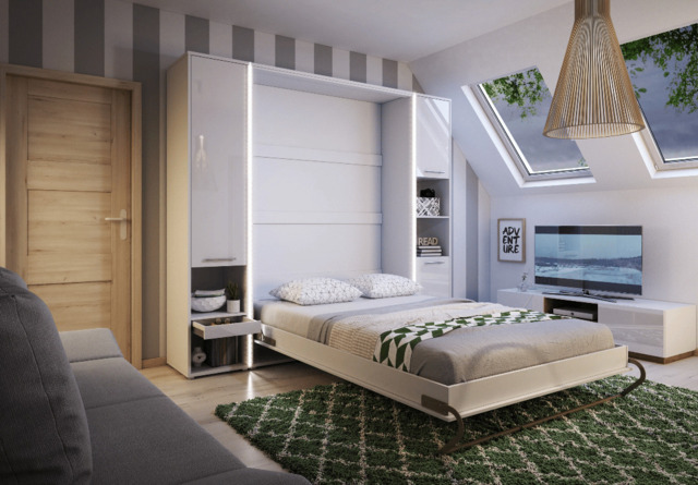 CP-01 Vertical Wall Bed Concept Pro 140cm with Storage Cabinets - White Gloss 140 x 200cm 245cm - image 1