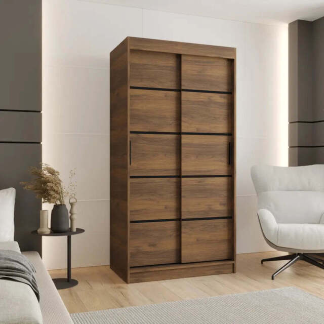 Rubino V1 Sliding Door Wardrobe 100cm - Oak Walnut 100cm - image 1