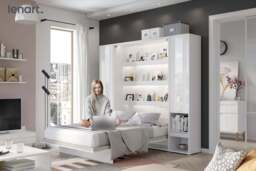 BC-13 Vertical Wall Bed Concept 180cm With Storage Cabinets and LED - White Gloss 180 x 200cm - thumbnail 2