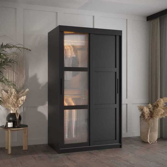 Flutes III Sliding Door Wardrobe 100cm - Black 100cm