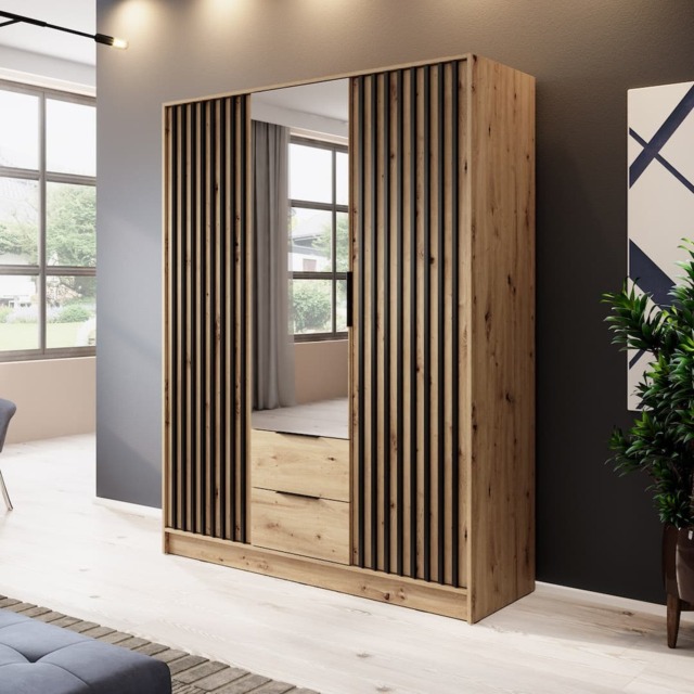 Nelly Hinged Door Wardrobe 155cm [Mirror] - Oak Artisan 155cm - image 1