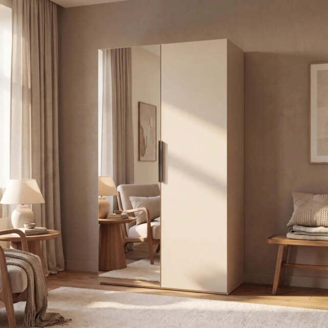 Lumo Hinged Door Wardrobe 100cm - Cashmere 100cm Partially Mirrored - image 1