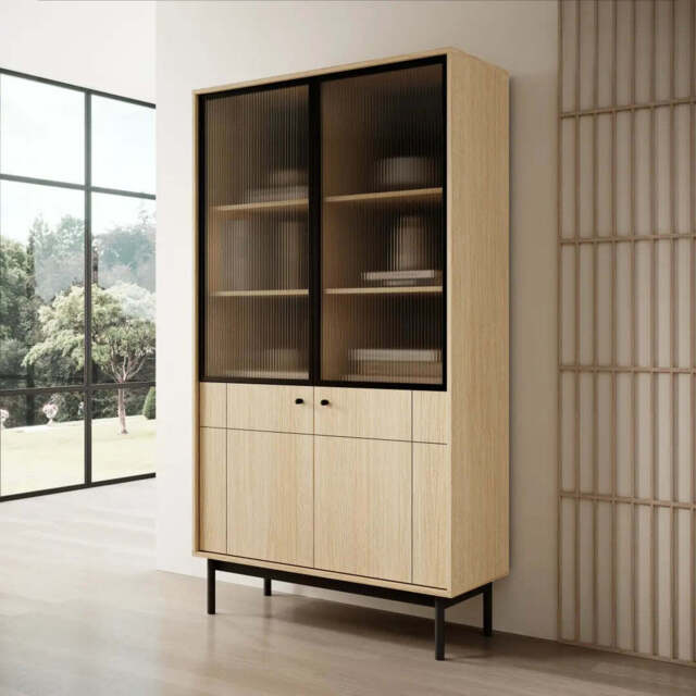 Japandi Tall Display Cabinet 104cm - Oak Linea 104cm - image 1