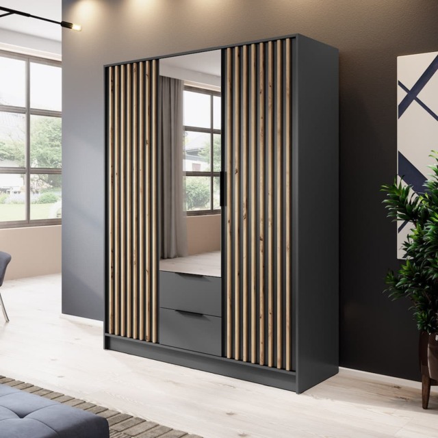 Nelly Hinged Door Wardrobe 155cm [Mirror] - Graphite 155cm - image 1