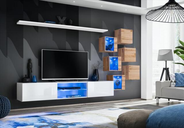 "Switch XXI Wall Entertainment Unit For TVs Up To 75"" - White 240cm Oak Wotan" - image 1
