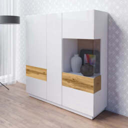 Silke 46 Display Cabinet 130cm [Right] - White Gloss / Wotan Oak 130cm - thumbnail 1