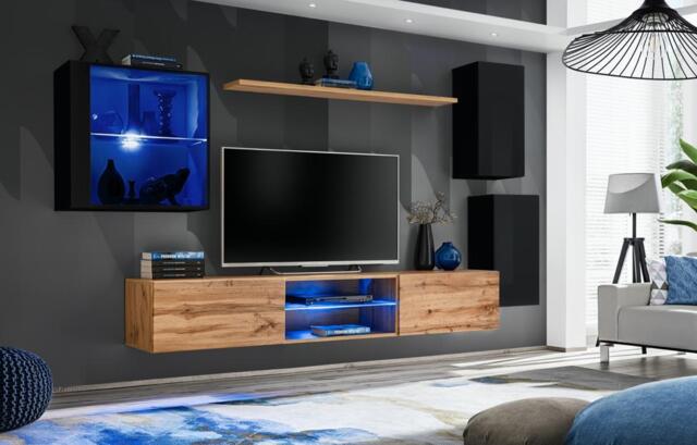 "Switch XXIII Wall Entertainment Unit For TVs Up To 75"" - Oak Wotan 250cm Black" - image 1