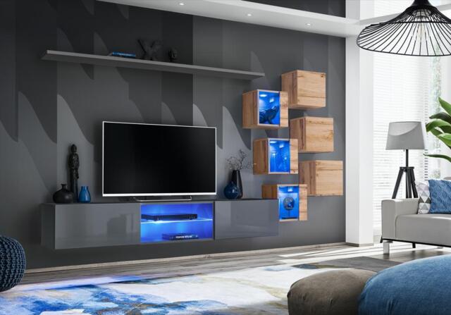 "Switch XXI Wall Entertainment Unit For TVs Up To 75"" - Graphite 240cm Oak Wotan" - image 1