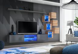 "Switch XXI Wall Entertainment Unit For TVs Up To 75"" - Graphite 240cm Oak Wotan" - thumbnail 1