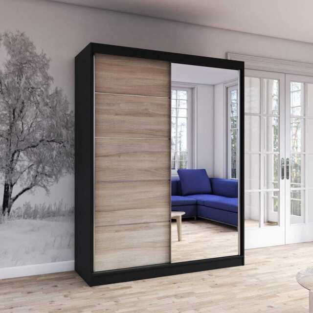 Vista 05 Mirrored Sliding Door Wardrobe 150cm - Oak Sonoma Black Matt 150cm - image 1