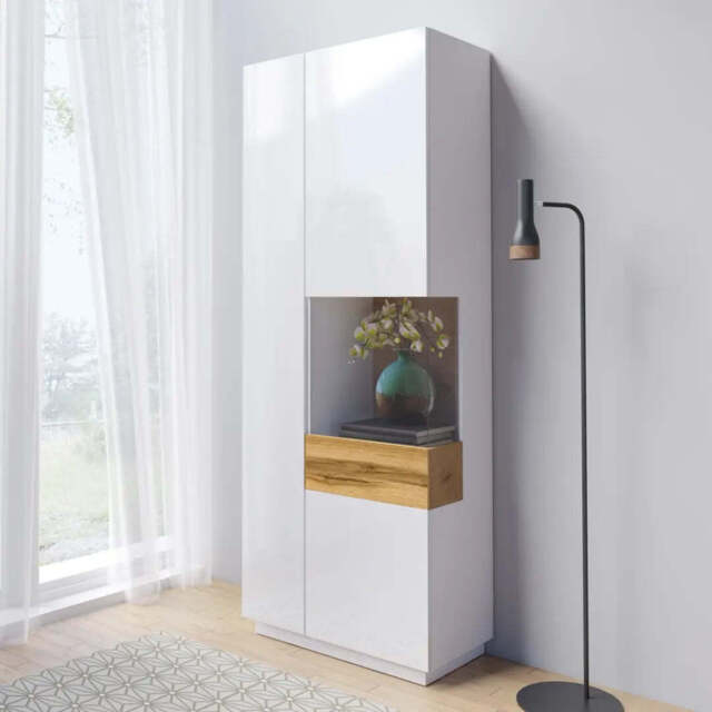 Silke 13 Tall Display Cabinet 80cm - White Gloss / Wotan Oak 80cm - image 1