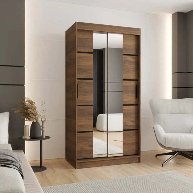 Rubino V4 Sliding Door Wardrobe 100cm - Oak Walnut 100cm - image 1