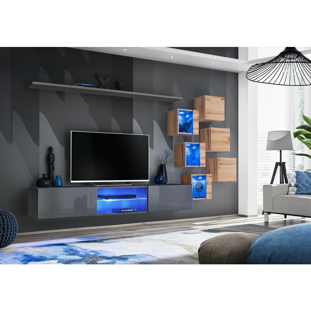 "Switch XXI Wall Entertainment Unit For TVs Up To 75"" - Graphite 240cm Oak Wotan" - image 1