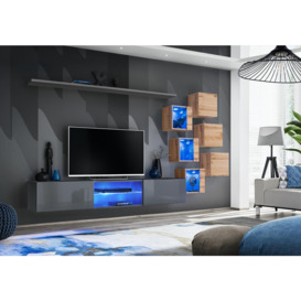 "Switch XXI Wall Entertainment Unit For TVs Up To 75"" - Graphite 240cm Oak Wotan" - thumbnail 1
