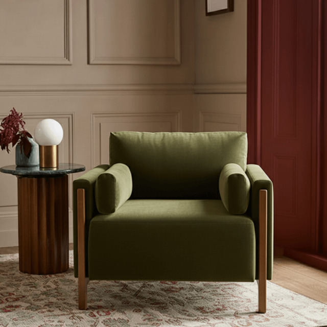 Audrey Exposed Wood Frame Armchair In Green Velvet