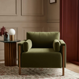 Audrey Exposed Wood Frame Armchair In Green Velvet