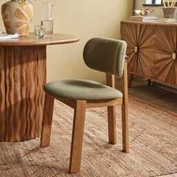 Cora Oak Armless Dining Chair In Olive Bouclé
