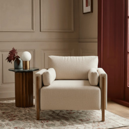 Audrey Exposed Wood Frame Armchair In Ecru Textured Weave