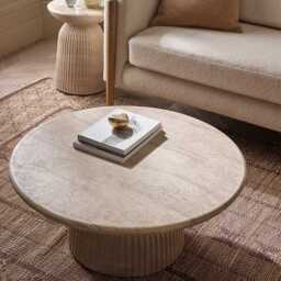 Mason Coffee Table in Travertine Finish by Atkin And Thyme, H36 x W80 x D80 cm
