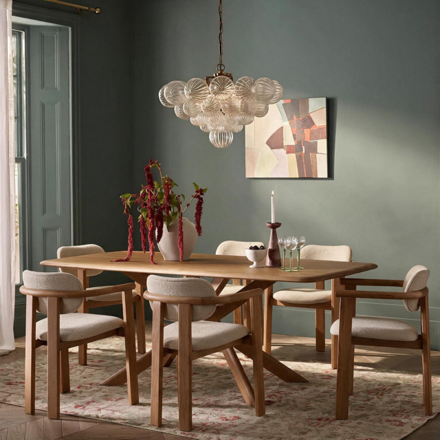 Cruz Dining Table and 6 Cora Oak Dining Chair in Neutral Bouclé Set