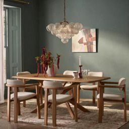 Cruz Dining Table and 6 Cora Oak Dining Chair in Neutral Bouclé Set