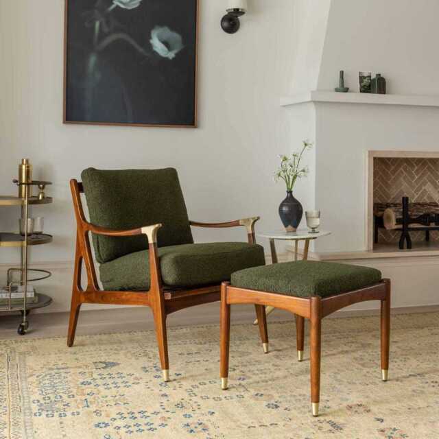 Levi Footstool In Olive Green Bouclé