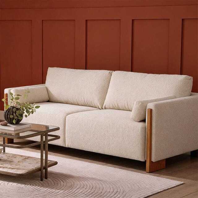 Audrey Exposed Wood Frame 3 Seat Sofa In Ecru Textured Weave