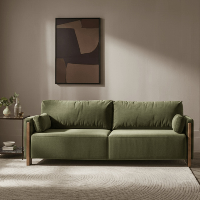 Audrey Exposed Wood Frame 3 Seat Sofa In Green Velvet