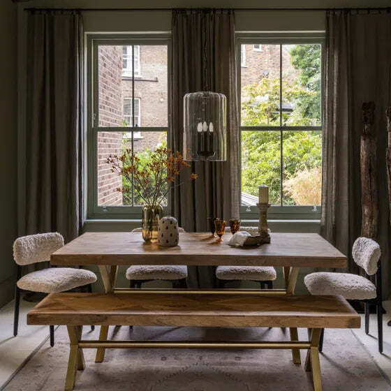 Reeves Large Dining Table, One Bench and Five Chairs in Neutral