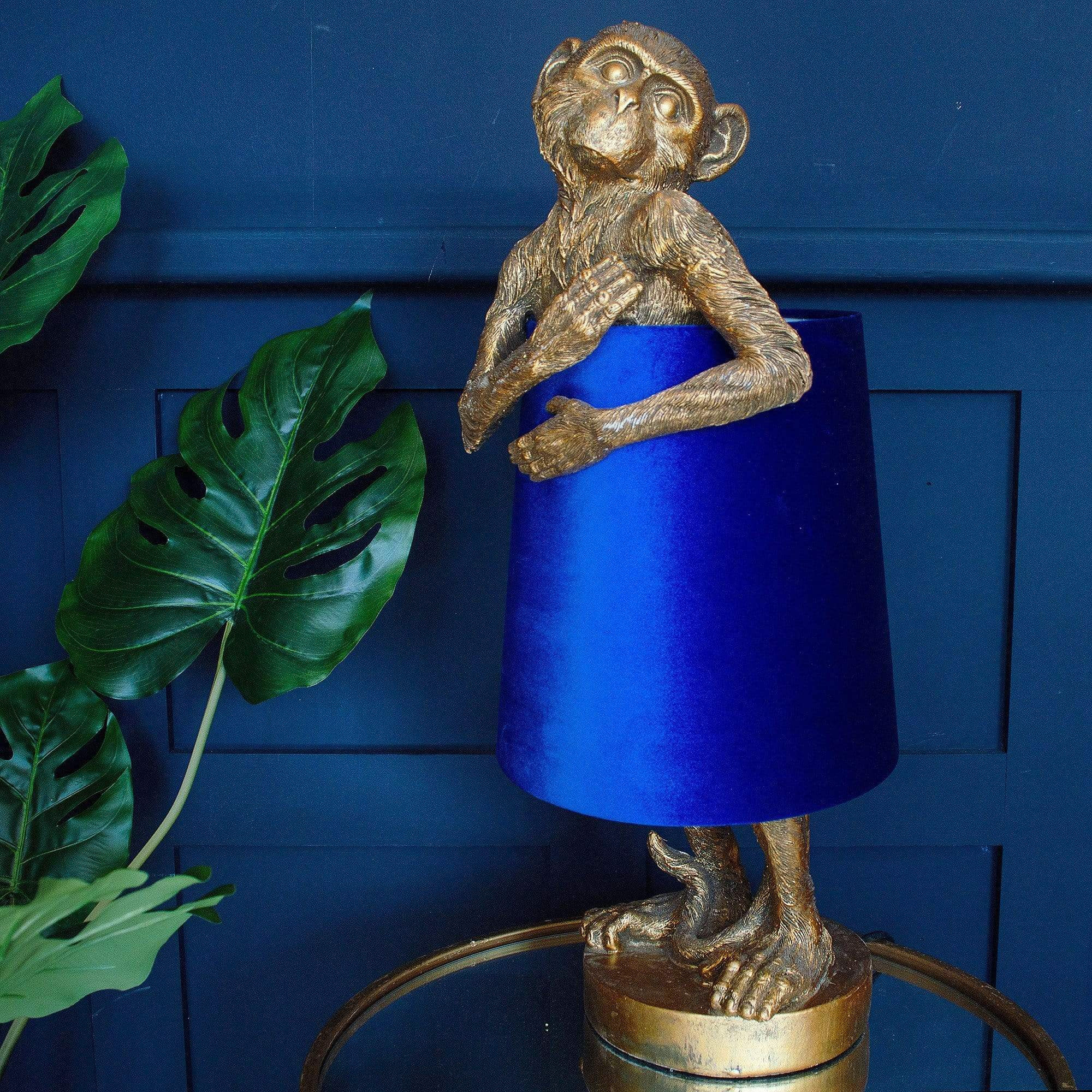 Monkey Table Lamp with Blue Velvet Shade - image 1