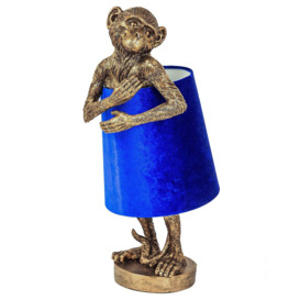 Monkey Table Lamp with Blue Velvet Shade - thumbnail 2