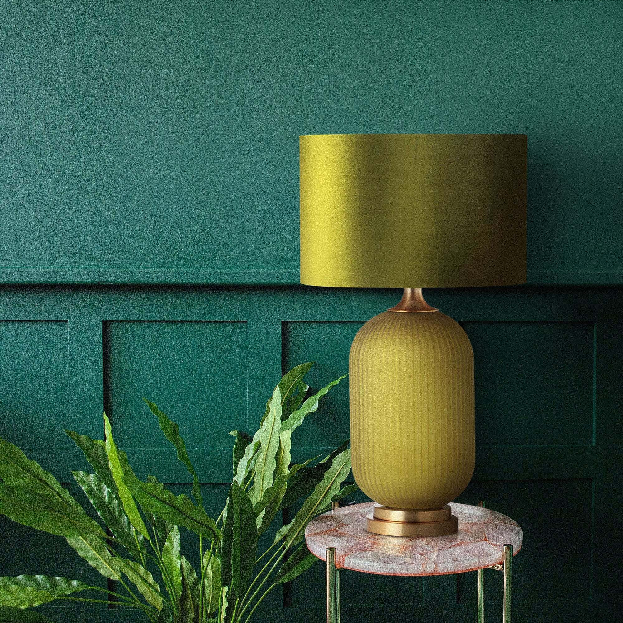 Gold and Green Glass Table Lamp - Velvet Green Shade - image 1