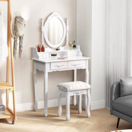 H&O Direct Morden Wood Dressing Table Set With 4 Drawers Oval Mirror And Stool For Bedroom Dressing Room, White