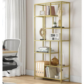 Songmics Vasagle Tall Bookcase, 6-Shelf Display Unit, Multifunctional Plant Rack, Glass Shelves, For Home, Room, Kitchen, Metallic Gold